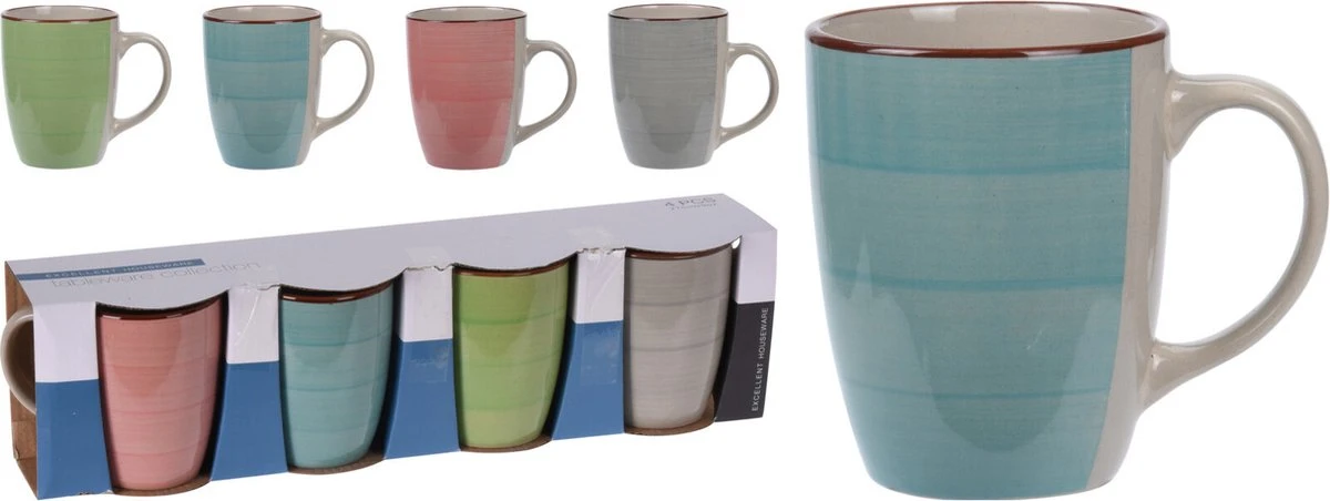 Excellent Houseware Set Van 4x Stuks Luxe Gekleurde Stoneware Bekers/koffiekopjes 270 Ml - Kopjes/koffiebekers 2 Excellent Houseware Set Van 4x Stuks Luxe Gekleurde Stoneware Bekers/koffiekopjes 270 Ml - Kopjes/koffiebekers - Afbeelding 2