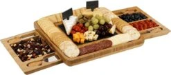 AWEMOZ Borrelplank Hout - Tapasplank Uitschuifbaar- Serveerplank Hout - Kaasplank Met Kaasmesjes - Bamboe Hout - Keramische Plaat