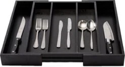 Merkloos Decopatent® Uitschuifbaar Bestekbak - Besteklade - 3 Vaks -> Uitschuifbaar Naar 5 Vakken - Bestekbakken Organizer - Bamboe - Zwart