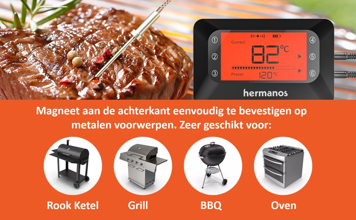Hermanos® Digitale BBQ Thermometer Draadloos - Vleesthermometer - Oventhermometer - Bluetooth Met App - 6 Meetsondes - Magneet - Incl. Batterijen 6 Hermanos® Digitale BBQ Thermometer Draadloos - Vleesthermometer - Oventhermometer - Bluetooth Met App - 6 Meetsondes - Magneet - Incl. Batterijen - Afbeelding 6