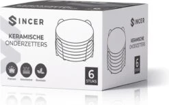 Sincer Keramische Onderzetters Voor Glazen Met Houder – Set Van 6 Witte Keramische/Marmeren Onderleggers –Luxe/Modern Design - Premium Kwaliteit – Kurken Antislip Onderkant – Hittebestendig – Zeer Absorberend – Rond – Duurzaam/Milieuvriendelijk -Merkloos Verkoopwinkel 1200x750 6