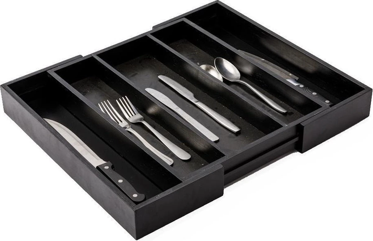 Merkloos Decopatent® Uitschuifbaar Bestekbak - Besteklade - 3 Vaks -> Uitschuifbaar Naar 5 Vakken - Bestekbakken Organizer - Bamboe - Zwart 4 Merkloos Decopatent® Uitschuifbaar Bestekbak - Besteklade - 3 Vaks -> Uitschuifbaar Naar 5 Vakken - Bestekbakken Organizer - Bamboe - Zwart - Afbeelding 4