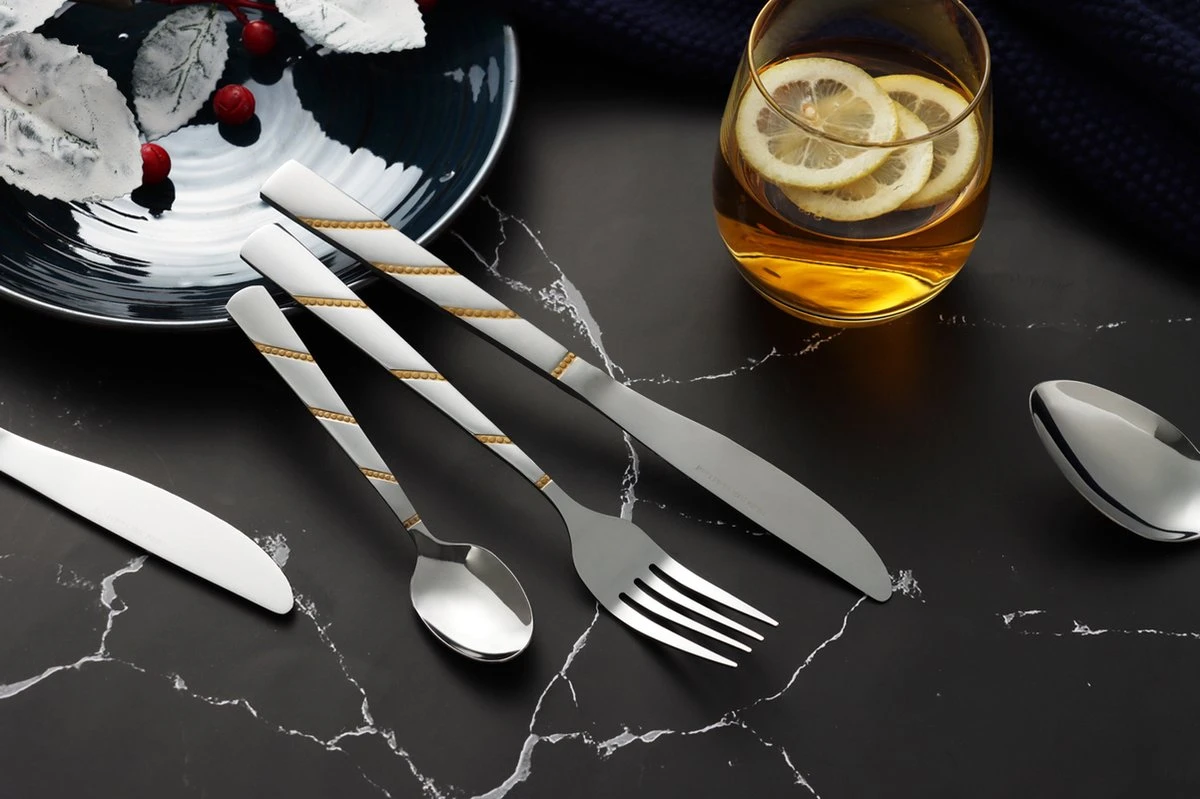 Swiss Pro+ Bestekset In Koffer-72 Delig-12 Persoons-Zwitsers Kwaliteit-Complete Set-100% Roestvrijstaal-Modern Gold 6 Swiss Pro+ Bestekset In Koffer-72 Delig-12 Persoons-Zwitsers Kwaliteit-Complete Set-100% Roestvrijstaal-Modern Gold - Afbeelding 6