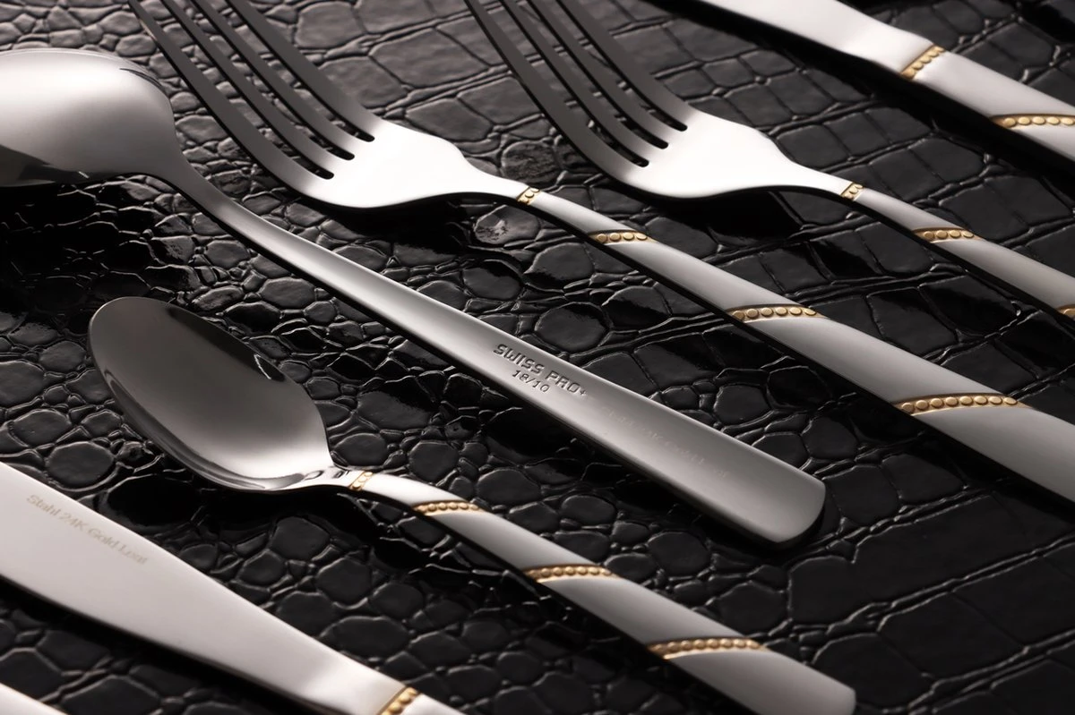 Swiss Pro+ Bestekset In Koffer-72 Delig-12 Persoons-Zwitsers Kwaliteit-Complete Set-100% Roestvrijstaal-Modern Gold 7 Swiss Pro+ Bestekset In Koffer-72 Delig-12 Persoons-Zwitsers Kwaliteit-Complete Set-100% Roestvrijstaal-Modern Gold - Afbeelding 7