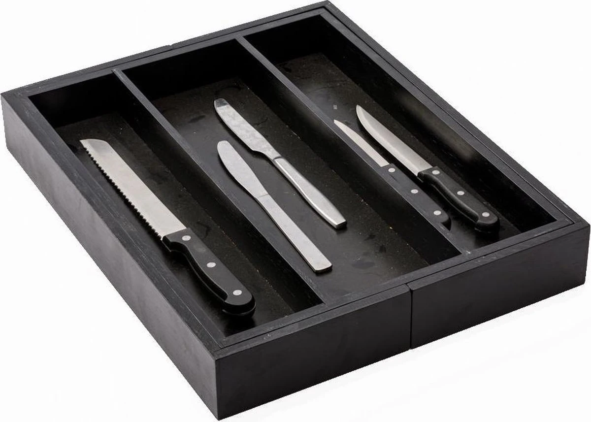 Merkloos Decopatent® Uitschuifbaar Bestekbak - Besteklade - 3 Vaks -> Uitschuifbaar Naar 5 Vakken - Bestekbakken Organizer - Bamboe - Zwart 7 Merkloos Decopatent® Uitschuifbaar Bestekbak - Besteklade - 3 Vaks -> Uitschuifbaar Naar 5 Vakken - Bestekbakken Organizer - Bamboe - Zwart - Afbeelding 7