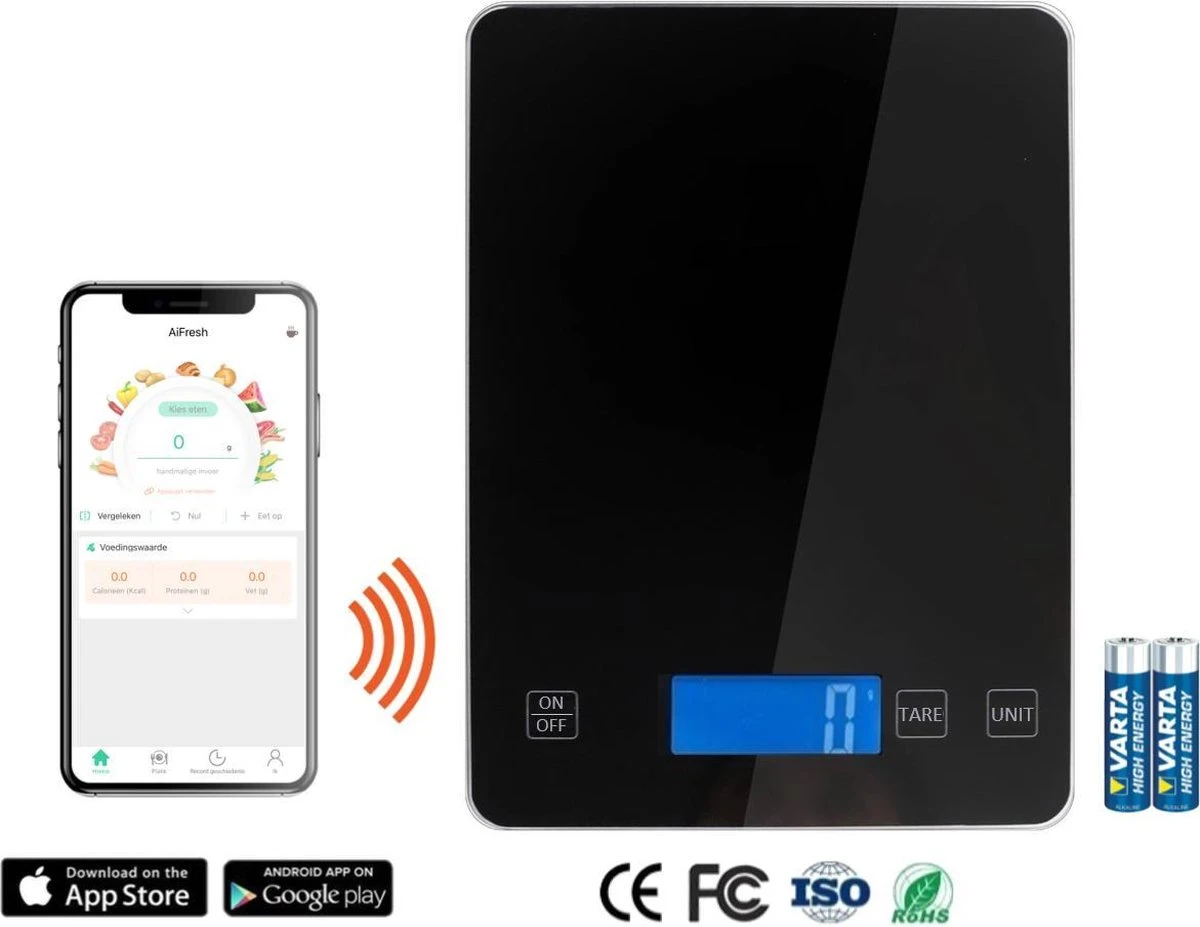 Hermanos® Digitale Precisie Keukenweegschaal - Weegschaal Keuken - 1 Gr Tot 15 Kg - Tarra Functie - Bluetooth Met Voedingsapp - Incl. Batterijen - Zwart 3 Hermanos® Digitale Precisie Keukenweegschaal - Weegschaal Keuken - 1 Gr Tot 15 Kg - Tarra Functie - Bluetooth Met Voedingsapp - Incl. Batterijen - Zwart - Afbeelding 3