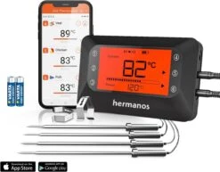 Hermanos® Digitale BBQ Thermometer Draadloos - Keukenthermometer - Bluetooth Met App - 4 Sondes - Magneet - Incl. Batterijen