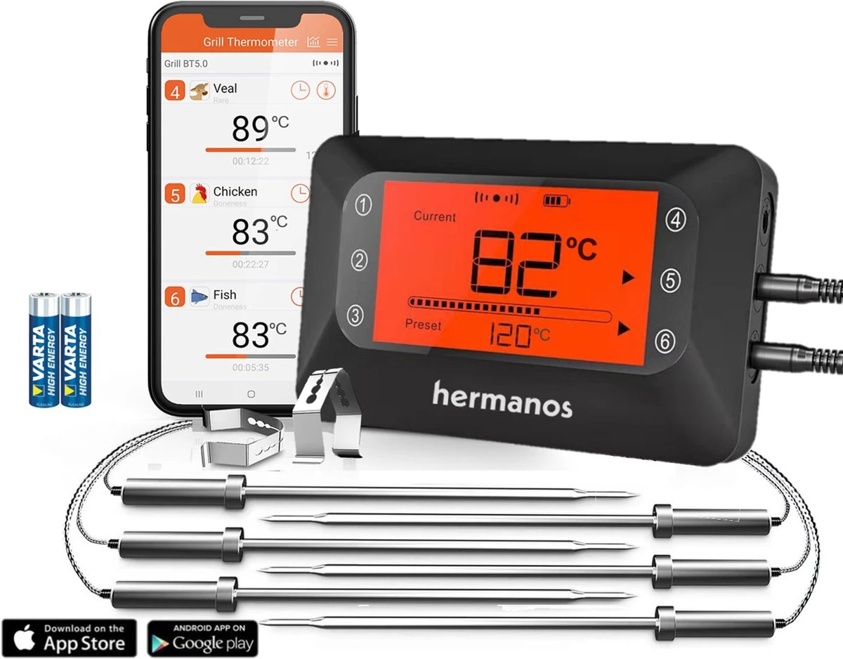 Hermanos® Digitale BBQ Thermometer Draadloos - Vleesthermometer - Oventhermometer - Bluetooth Met App - 6 Meetsondes - Magneet - Incl. Batterijen 1 Hermanos® Digitale BBQ Thermometer Draadloos - Vleesthermometer - Oventhermometer - Bluetooth Met App - 6 Meetsondes - Magneet - Incl. Batterijen