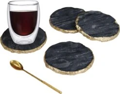 Marmer Onderzetters 4-delig - Onderzetters Voor Glazen - Marmer Onderlegger - Luxe Onderzetter(set) Zwart/goud