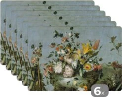 Placemat - Placemats Kunststof - Bloemen - Oude Meesters - Olieverf - 45x30 Cm - 6 Stuks - Hittebestendig - Anti-Slip - Onderlegger - Afneembaar