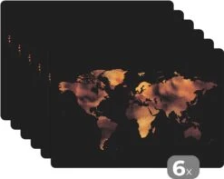Placemat - Placemats Kunststof - Wereldkaart - Bruin - Zwart - 45x30 Cm - 6 Stuks - Hittebestendig - Anti-Slip - Onderlegger - Afneembaar