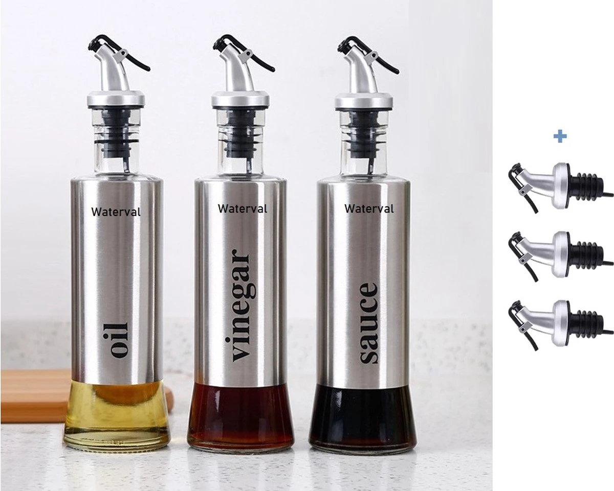 Waterval RVS Olijfoliefles Set Deluxe 500ML - Olieflessen Met Schenktuit – 3 Olijfolie Flessen - Olie Fles Glas - Cadeautip 2 Waterval RVS Olijfoliefles Set Deluxe 500ML - Olieflessen Met Schenktuit – 3 Olijfolie Flessen - Olie Fles Glas - Cadeautip - Afbeelding 2