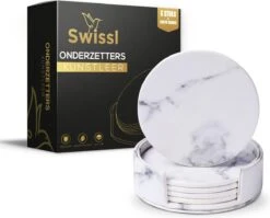 Onderzetters Voor Glazen Met Houder Swissl - Wit - Kunstleer - Marmeren Uitstraling 6 Stuks - Onderleggers -Merkloos Verkoopwinkel 1200x966 2