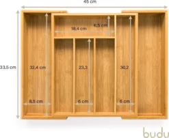 Budu Uitschuifbare Bamboe Bestekbak #33,5 (33,5 Cm Diep) - Bestekcassette Hout - Besteklade - 33,5 X 28 - 45 Cm - 5/7 Vakken -Merkloos Verkoopwinkel 1200x982