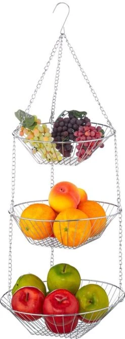 Relaxdays Hangende Fruitmand - Fruitschaal - Etagere Fruit - Hangmand - Draad - 3 Etages