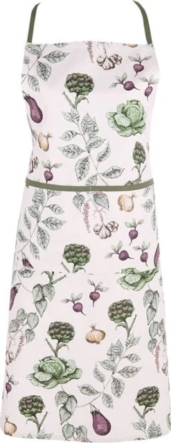 Clayre & Eef Keukenschort 70x85 Cm Beige Groen Katoen Groentes BBQ Schort Cadeau Voor Haar Kookschort