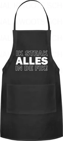 IK STEAK ALLES IN DE FIK! Unisex Schort - Zwart - One Size (volwassenen) - Keuken Schort - Barbeque BBQ Schort - Bedieningsschort - Grappige Teksten - Original Kwoots- Voor Zowel Mannen Als Vrouwen - Verstelbaar - Wasbaar - Cadeau - Apron -Merkloos Verkoopwinkel 539x1200