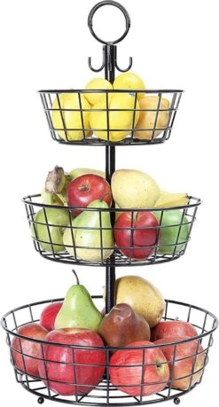 Fruitmand – Etagere 3 Laags – Fruitschaal – Fruitmand Zwart – Fruit Opbergmand – Aanrecht Organiser – Zwart
