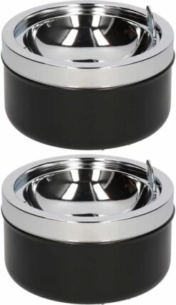 HI 2x Klep/terras Asbakken Zwart 11 Cm - Ronde Tuin/terras Asbak Met Klep 2 Stuks