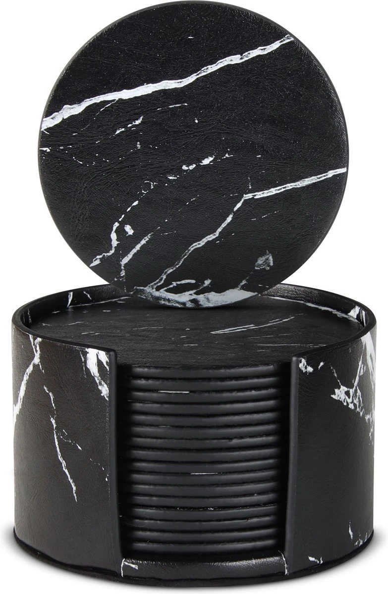 Castagnola Lederen Onderzetters Met Houder – Onderzetters Voor Glazen – Onderzetters Design – Onderzettersset – Drink Onderzetters – Leder – Leren Onderzetters – Set Van 16 – Zwart/Wit 2 Castagnola Lederen Onderzetters Met Houder – Onderzetters Voor Glazen – Onderzetters Design – Onderzettersset – Drink Onderzetters – Leder – Leren Onderzetters – Set Van 16 – Zwart/Wit - Afbeelding 2