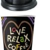 Merkloos 100 X Kartonnen Koffiebeker CAPPUCCINOBEKERS + Zwarte Deksels - LOVE, RELAX, COFFEE - FSC® - 230CC/8OZ - 100 Stuks - Wegwerp Papieren Bekers - Drank Bekers - Milieuvriendelijk