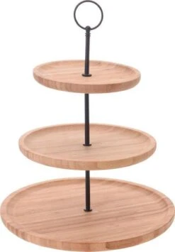Merkloos Houten Etagere - Etagere - Bamboe - Zwart Metaal - Optil Oog - 3 Laags - 28, 21 En 16 Cm Bladen - 34 Cm Hoog