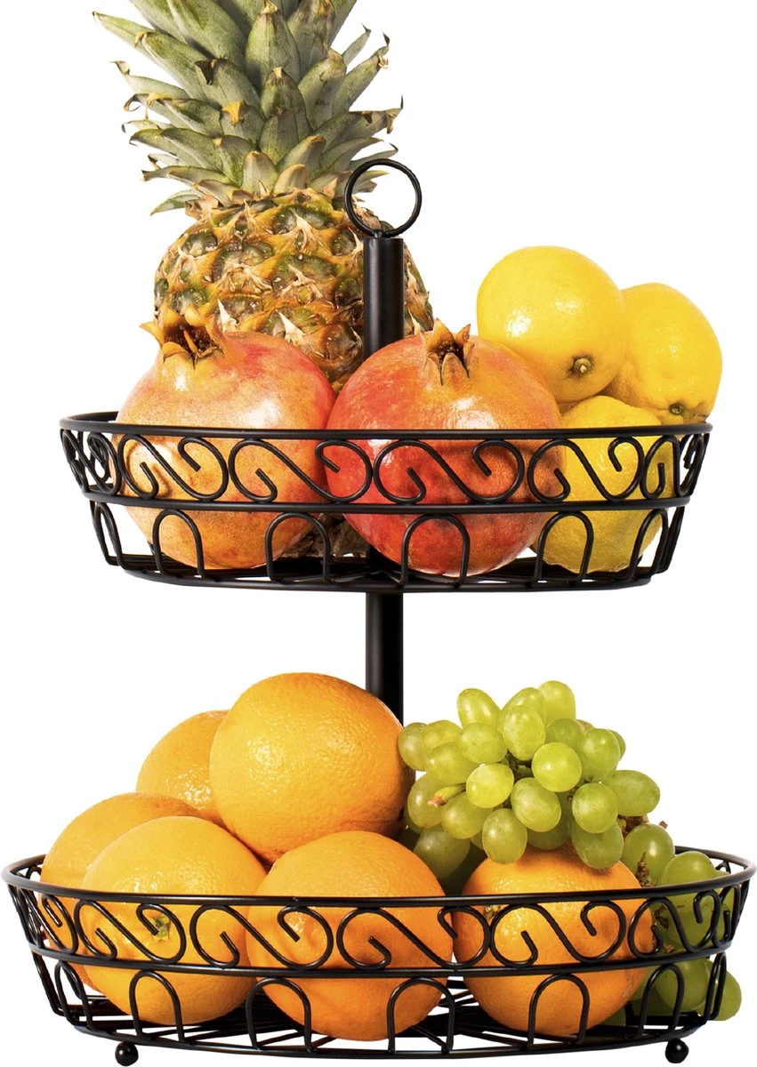 Chefarone Fruit Etagère 2 Laags - Fruitmand - Fruitschaal - Groentemand - Opberger - Metaal - Zwart 1 Chefarone Fruit Etagère 2 Laags - Fruitmand - Fruitschaal - Groentemand - Opberger - Metaal - Zwart