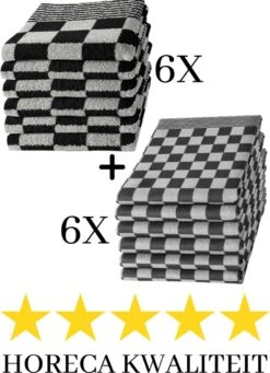 Droomtexiel® Horeca Kwaliteit Katoenen Theedoeken & Keukendoeken Set - 6x Theedoeken + 6x Keukendoeken - Zwart Wit -