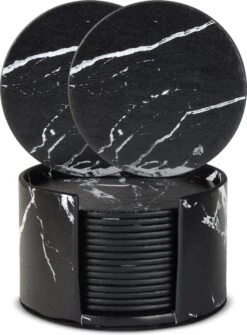 Castagnola Lederen Onderzetters Met Houder – Onderzetters Voor Glazen – Onderzetters Design – Onderzettersset – Drink Onderzetters – Leder – Leren Onderzetters – Set Van 16 – Zwart/Wit