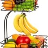 SensaHome - Fruitmand Met Bananenhouder - Vierkant 2-Laags Zwart - Fruitschaal - Etagere - Metaal - Industrial - Modern