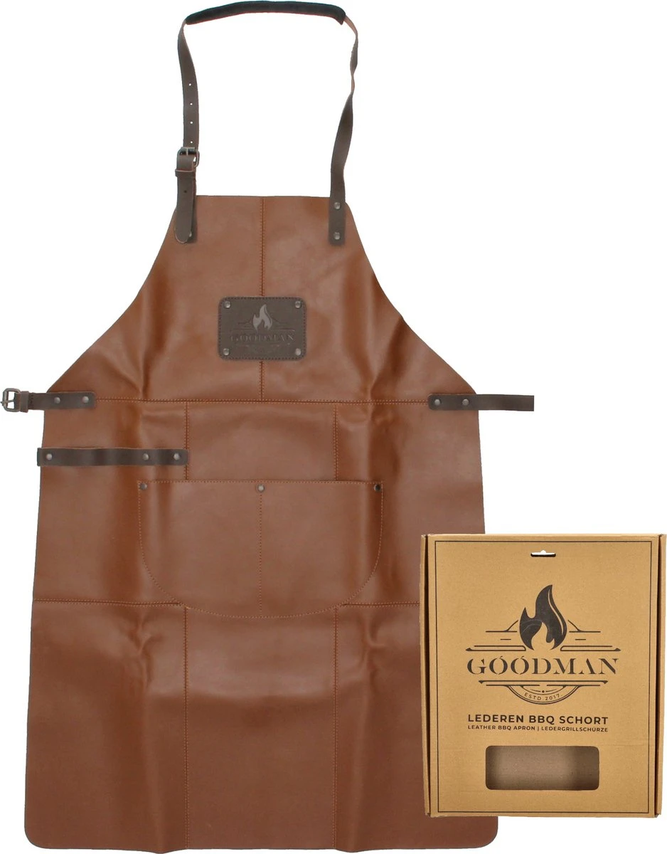 Goodman - BBQ Schort - Echt Leer - Leren Schort Man - Cognac Bruin 1 Goodman - BBQ Schort - Echt Leer - Leren Schort Man - Cognac Bruin