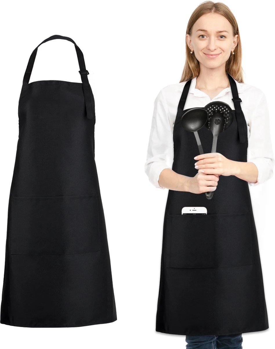 Keukenschort - Zwart - Kookschort - Schort - Restaurant - Met 2 Zakken En Verstelbaar Koord - Voor Mannen En Vrouwen - BBQ - Waterbestendig - Multifunctioneel 1 Keukenschort - Zwart - Kookschort - Schort - Restaurant - Met 2 Zakken En Verstelbaar Koord - Voor Mannen En Vrouwen - BBQ - Waterbestendig - Multifunctioneel