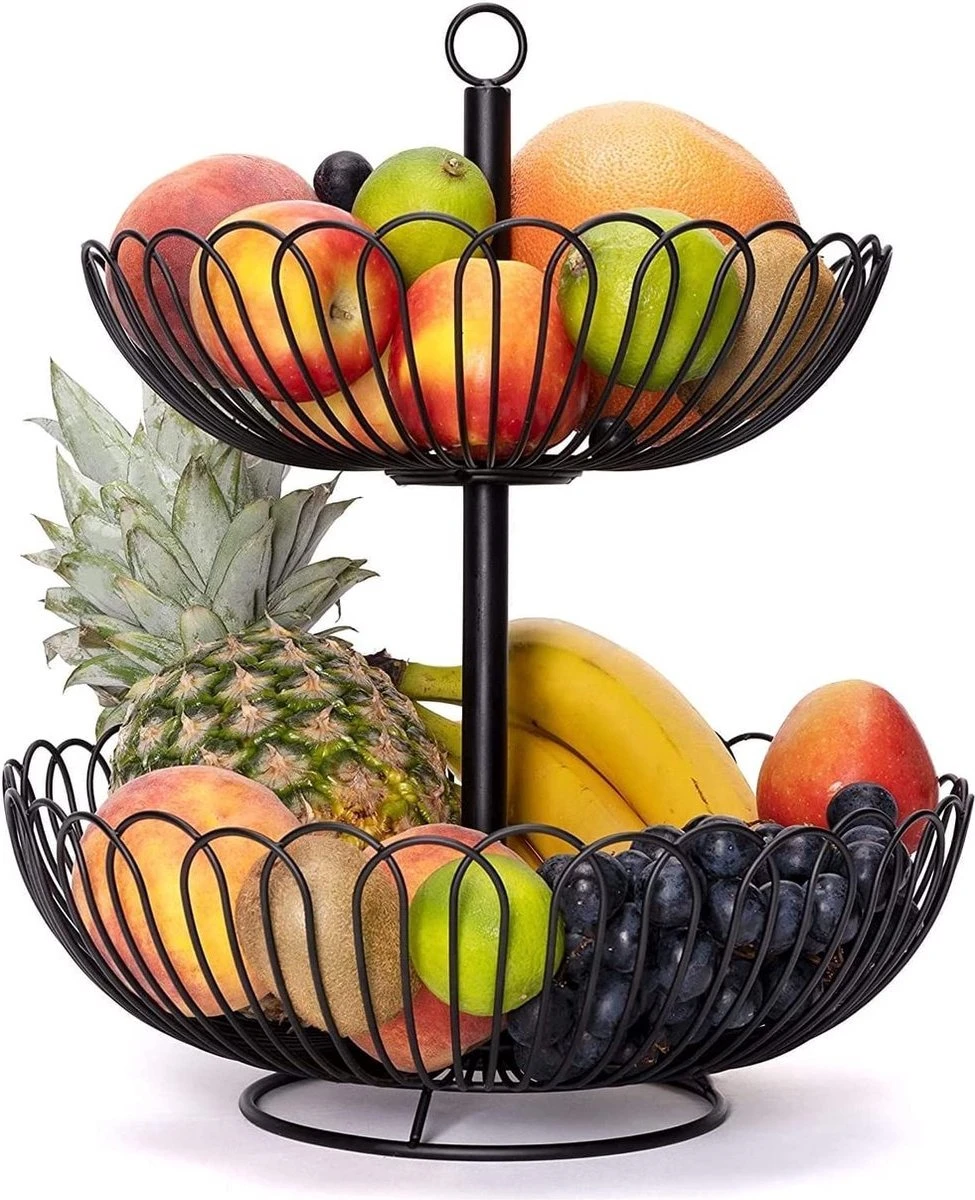 Chefarone Fruit Etagère 2 Laags - Fruitmand Metaal - Fruitschaal - Groentemand - Opberger - Zwart 1 Chefarone Fruit Etagère 2 Laags - Fruitmand Metaal - Fruitschaal - Groentemand - Opberger - Zwart