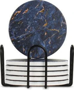 Castagnola Keramische Onderzetters Met Houder – Onderzetters Voor Glazen – Onderzetters Design – Onderzettersset – Drink Onderzetters – Keramisch – Kurk – Set Van 6 – Blauw/Goud -Merkloos Verkoopwinkel 992x1200 2